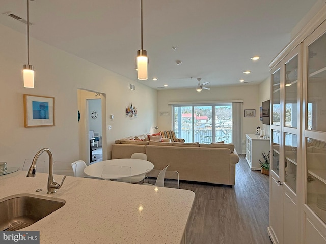 kitchen featuring pendant lighting, dark hardwood / wood-style floors, sink, and light stone counters