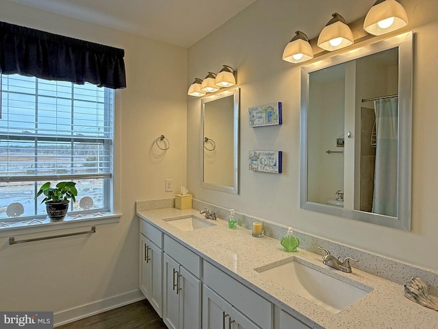 bathroom featuring vanity, a wealth of natural light, and a shower with shower curtain