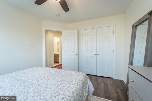 bedroom with ceiling fan, dark hardwood / wood-style flooring, and a closet