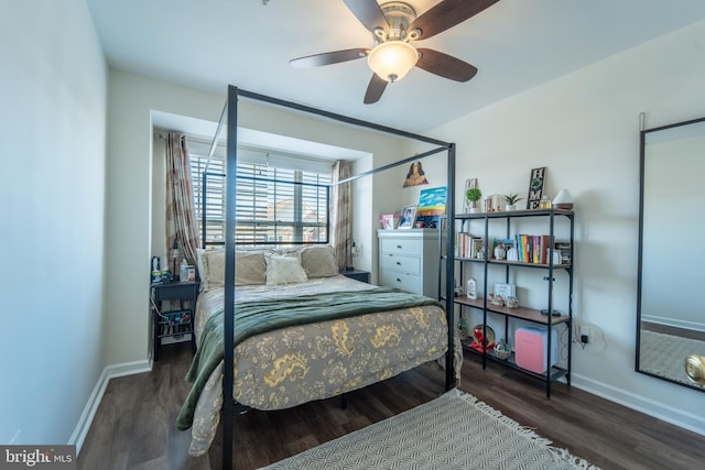 bedroom featuring dark wood-type flooring and ceiling fan