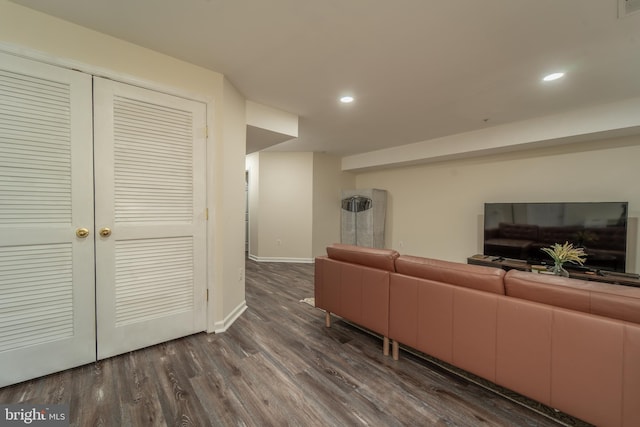 living room featuring dark wood-type flooring