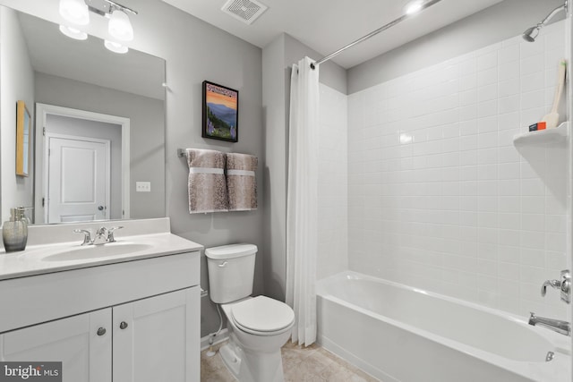 bathroom with shower / bath combo, visible vents, toilet, tile patterned flooring, and vanity