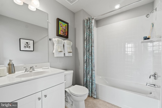 full bath featuring visible vents, toilet, shower / bathtub combination with curtain, tile patterned flooring, and vanity