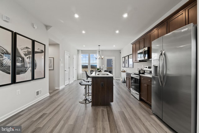 kitchen featuring visible vents, a kitchen island, appliances with stainless steel finishes, a breakfast bar area, and hanging light fixtures