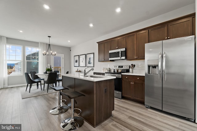 kitchen featuring light countertops, hanging light fixtures, appliances with stainless steel finishes, a kitchen island with sink, and a sink