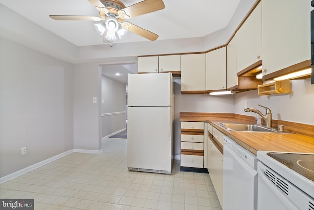 kitchen featuring white cabinetry, sink, white appliances, and ceiling fan