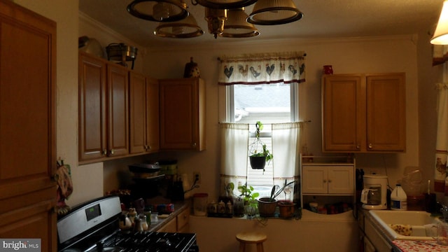 kitchen with ornamental molding, sink, stainless steel stove, and a chandelier