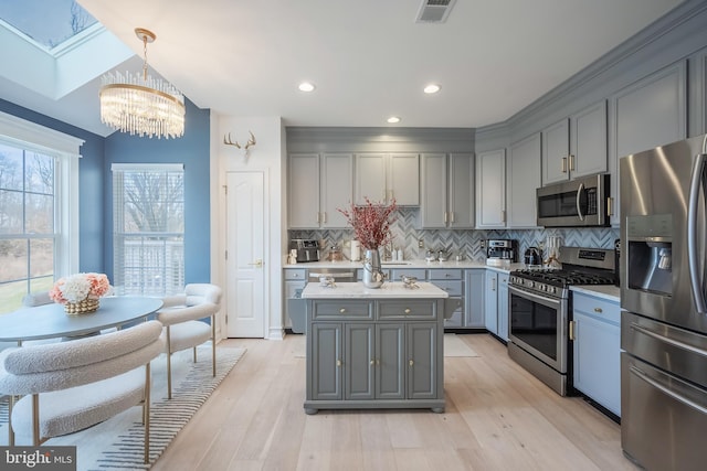 kitchen with pendant lighting, gray cabinets, an inviting chandelier, stainless steel appliances, and decorative backsplash