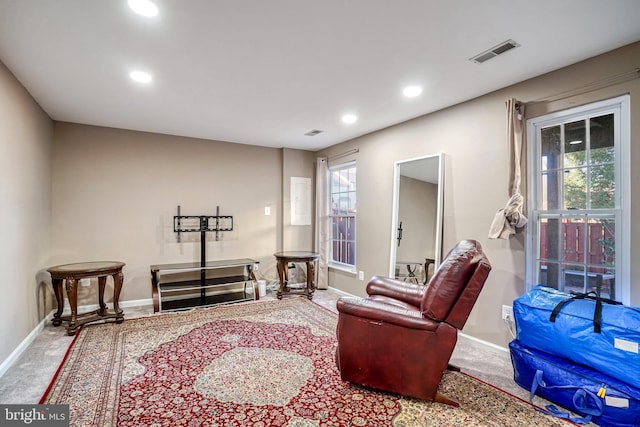 living area with a wealth of natural light and carpet flooring