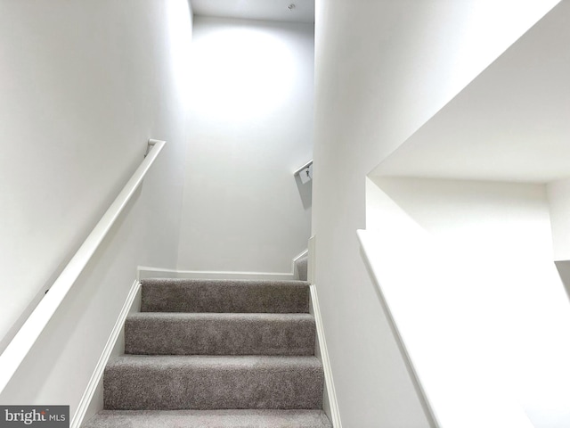 stairway featuring carpet, a high ceiling, and baseboards