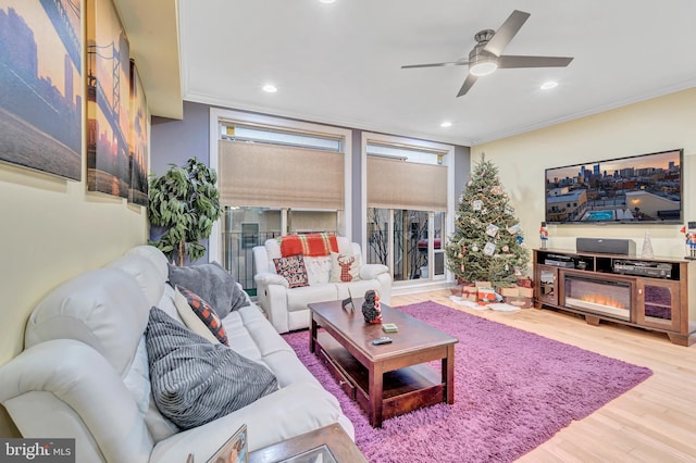 living room featuring ceiling fan, ornamental molding, and wood-type flooring