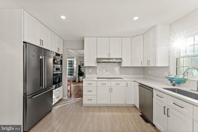 kitchen with light wood finished floors, white cabinets, appliances with stainless steel finishes, under cabinet range hood, and a sink