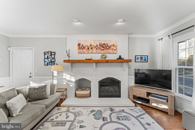 living area featuring hardwood / wood-style flooring, a fireplace, ornamental molding, and a wainscoted wall