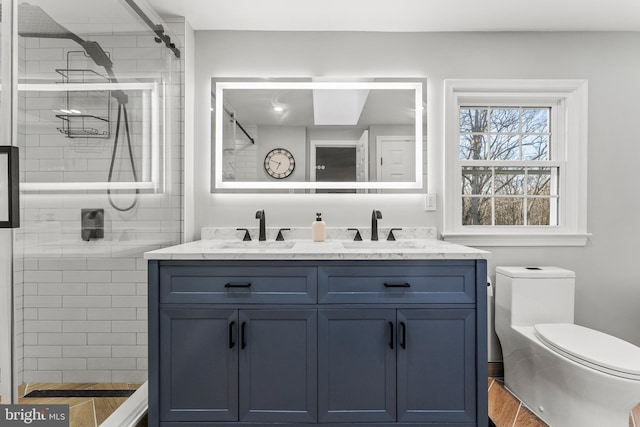 full bathroom with toilet, a shower stall, double vanity, and a sink