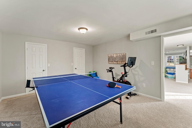 game room featuring baseboards, visible vents, and carpet flooring