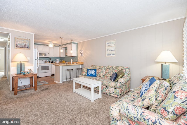 carpeted living room featuring ceiling fan, ornamental molding, and a textured ceiling