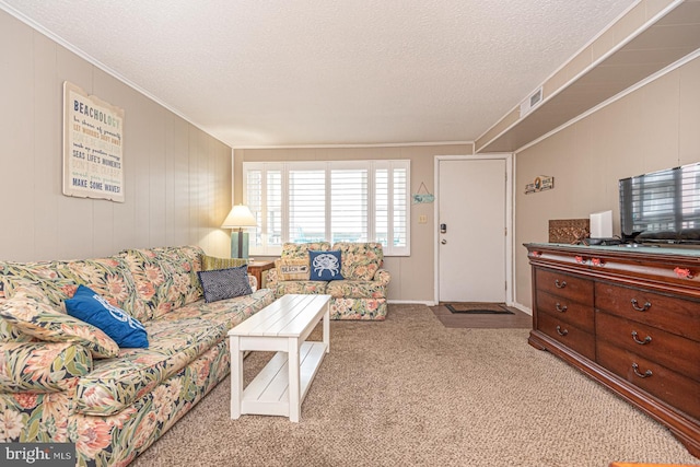 living room featuring light carpet, ornamental molding, and a textured ceiling