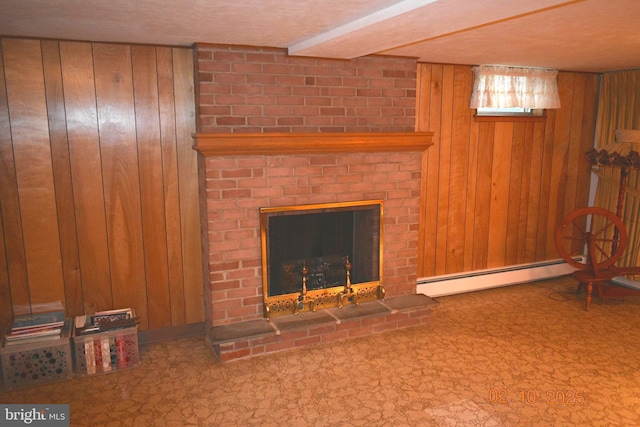 living room featuring a baseboard heating unit, wooden walls, a brick fireplace, and carpet flooring