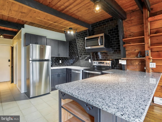 kitchen with a peninsula, backsplash, appliances with stainless steel finishes, and gray cabinetry