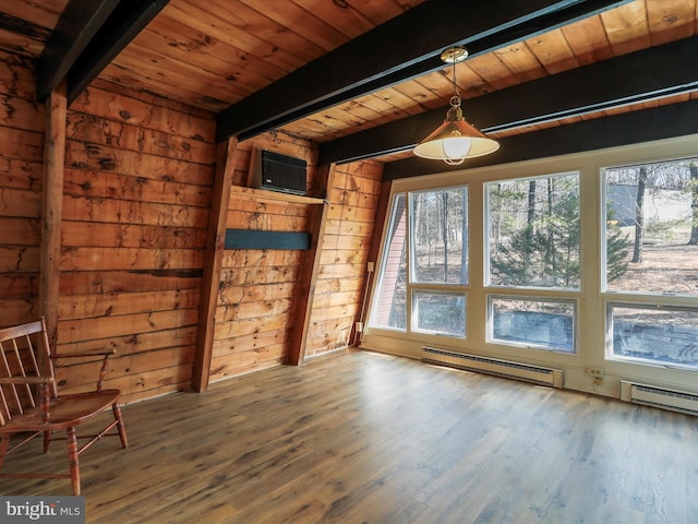 empty room featuring a baseboard radiator, beamed ceiling, wood walls, and wooden ceiling