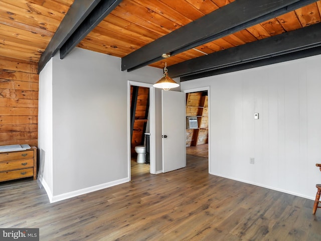 interior space featuring wood ceiling, baseboards, dark wood finished floors, and beam ceiling