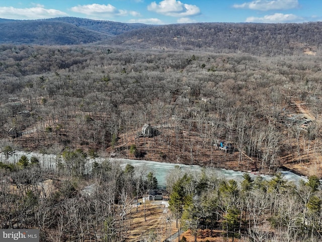 bird's eye view with a forest view and a mountain view