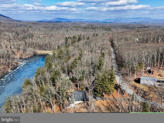 birds eye view of property with a water and mountain view