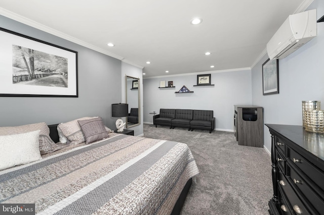 bedroom featuring ornamental molding, an AC wall unit, and carpet floors