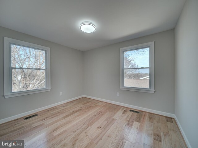 spare room with plenty of natural light and light hardwood / wood-style flooring