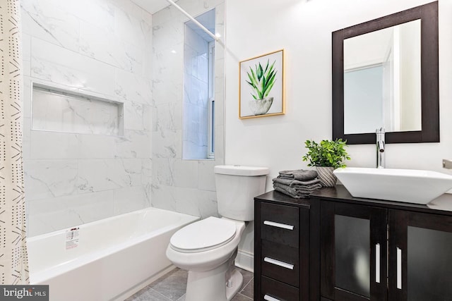 full bathroom featuring shower / bath combination with curtain, vanity, and toilet