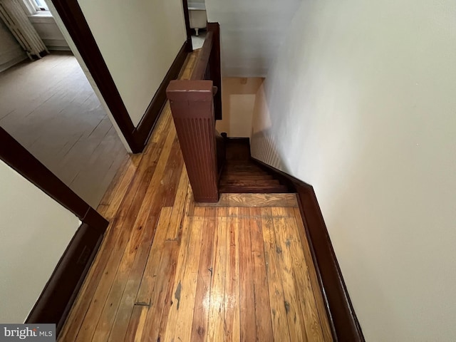 staircase with wood-type flooring and baseboards