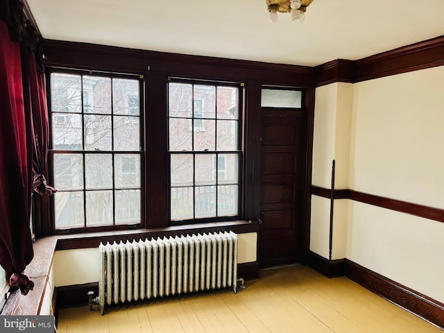 unfurnished room with light wood-type flooring, plenty of natural light, radiator heating unit, and baseboards