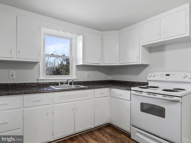 kitchen featuring white cabinets, sink, white electric range, and dark wood-type flooring