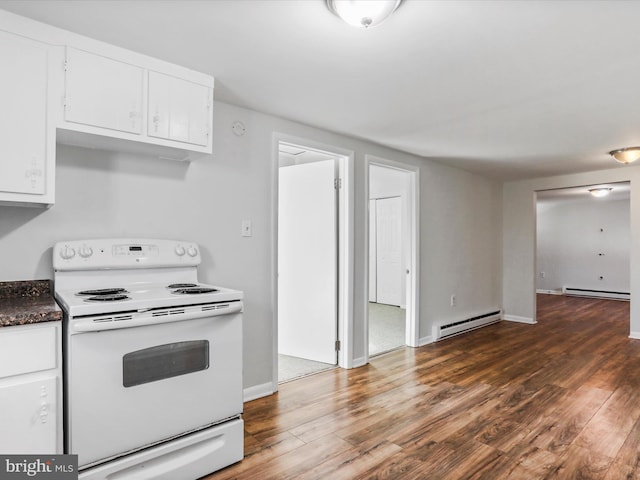 kitchen with baseboard heating, white cabinets, dark hardwood / wood-style floors, and white range with electric stovetop