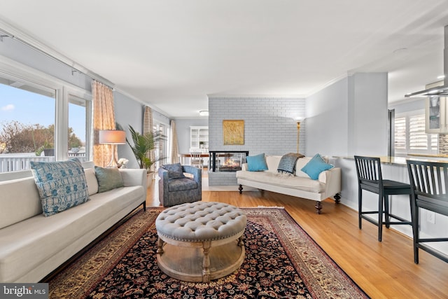 living area with a healthy amount of sunlight, crown molding, and wood finished floors