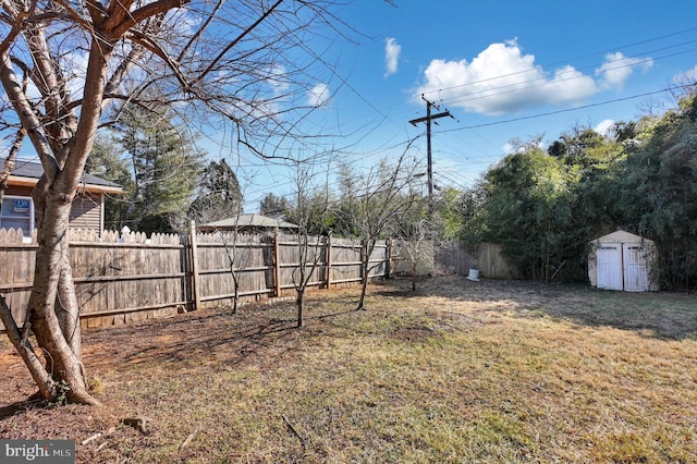 view of yard featuring a storage unit