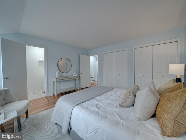 bedroom featuring multiple closets and hardwood / wood-style flooring