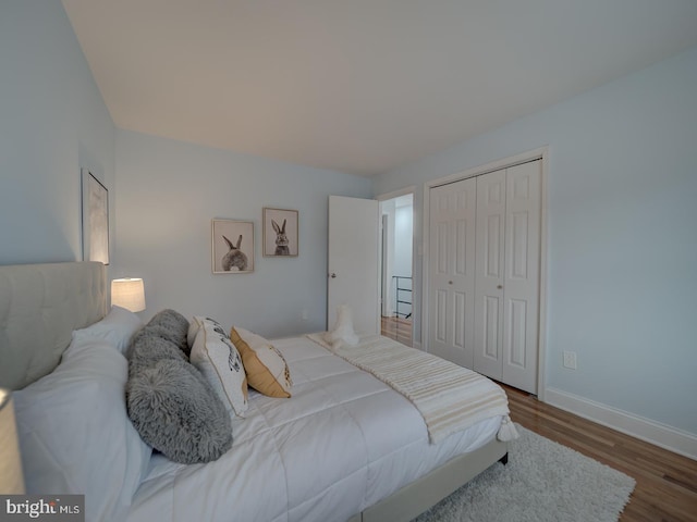 bedroom with wood-type flooring and a closet