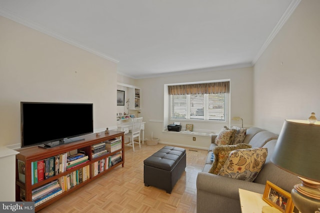 living room with ornamental molding and light parquet floors