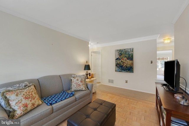 living room featuring crown molding and light parquet floors