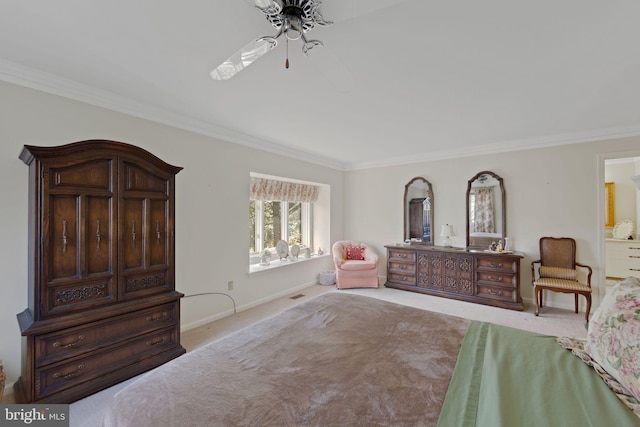 carpeted bedroom with ornamental molding