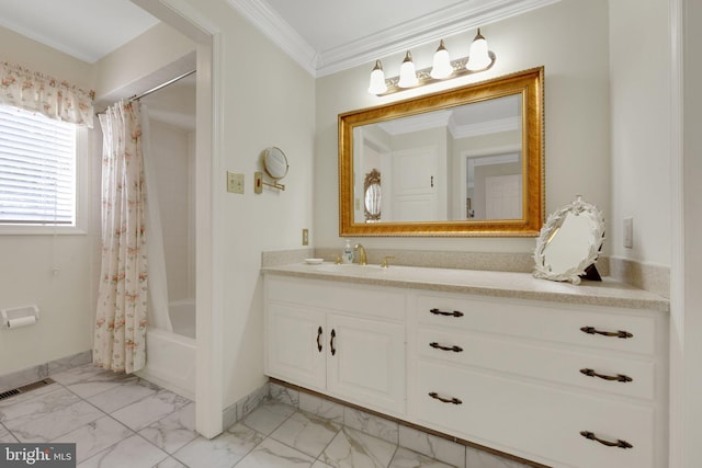 bathroom with shower / tub combo with curtain, vanity, and crown molding