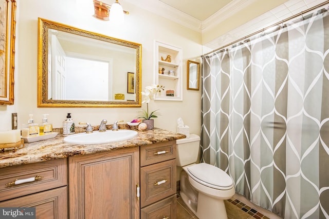 bathroom featuring ornamental molding, toilet, curtained shower, and vanity