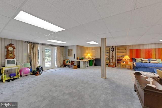 recreation room with wooden walls and carpet floors