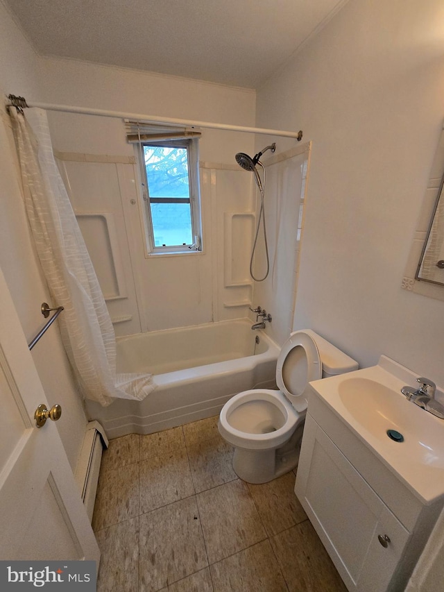 full bathroom featuring tile patterned floors, toilet, vanity, shower / bath combo, and a baseboard heating unit