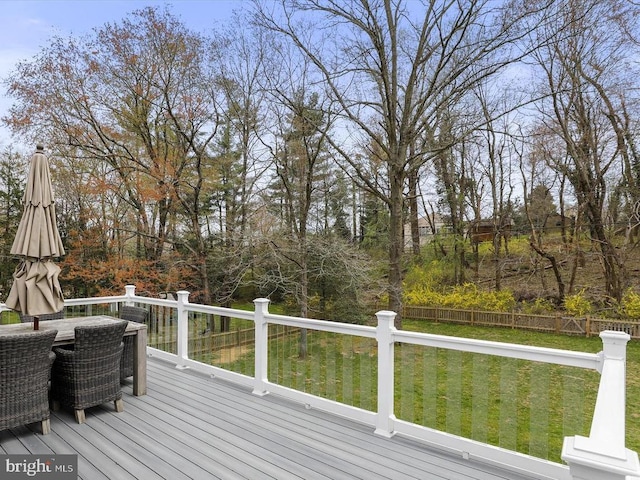 wooden terrace featuring a lawn