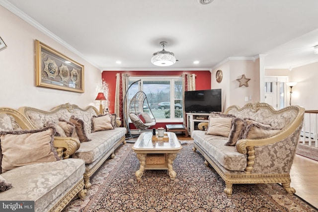 living room with crown molding and wood-type flooring