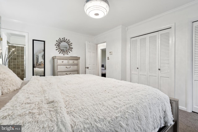 bedroom with ornamental molding and carpet floors