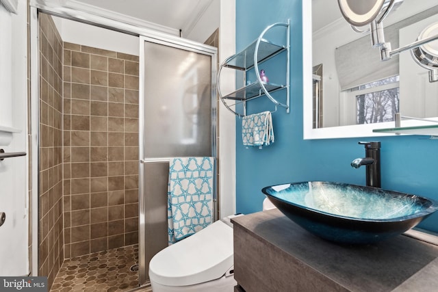 bathroom featuring a shower with door, ornamental molding, sink, and toilet