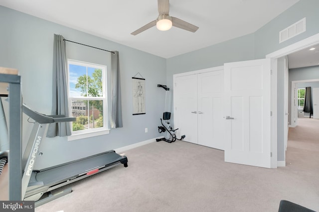 10056 American Pharoah Ln Unit 66, Laurel, MD 20723 - workout room featuring carpet floors, a ceiling fan, and baseboards